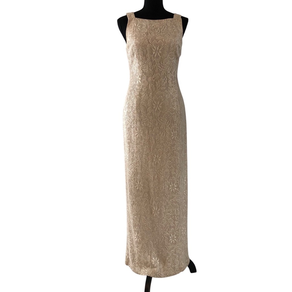 Women’s 90’s Nu Mode Champagne Crochet Knit Sleeveless Gown Maxi Dress size S